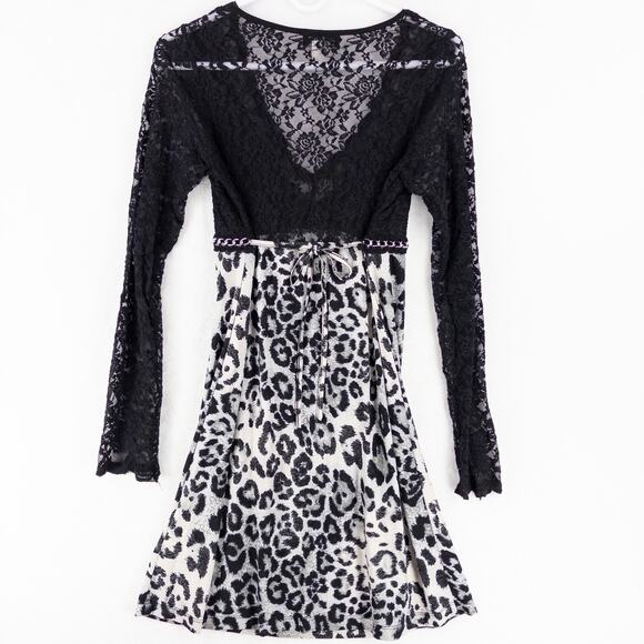 VENUS Y2K Dress S Leopard Lace Animal Print Long Sleeve Chain Tie Sheer Stretch - Picture 5 of 10